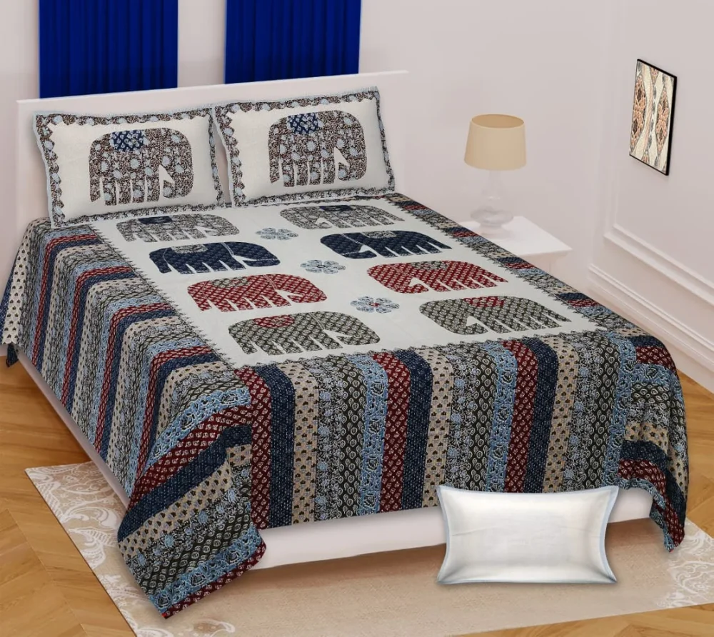 King Size Cotton Bedsheet with Elephant Motif - Textiles & Apparel by Shriex Enterprises