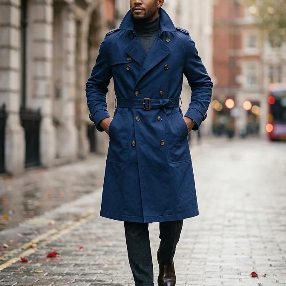 Navy Double-Breasted Trench Coat - Textiles & Apparel by G M Apparels