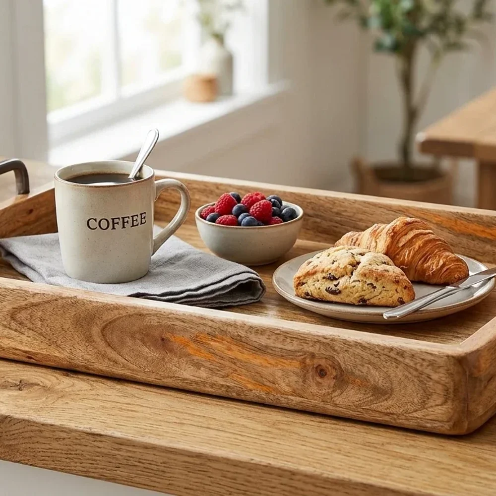 Mango Wood Serving Tray with Metal Handles - Home & Kitchen by Gitanshi Handicraft