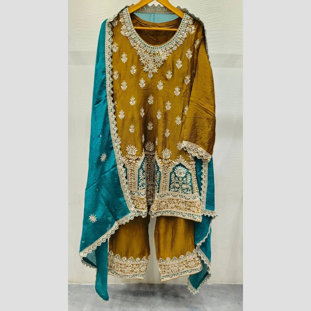 Embroidered Chiffon Silk Suit Set with Dupatta - Textiles & Apparel by Ayzel Pvt. Ltd.