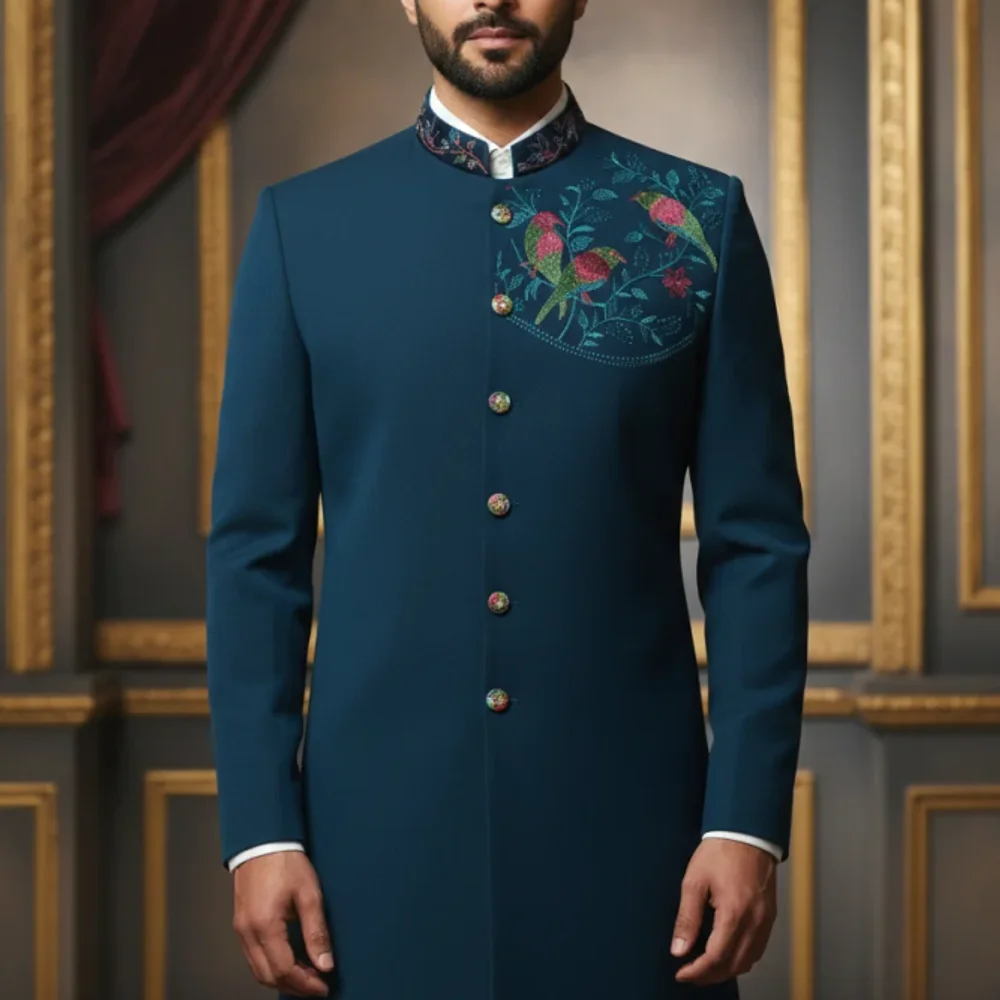 Midnight Blue Embroidered High-Collar Sherwani Kurta Jacket - Textiles & Apparel by G M Apparels