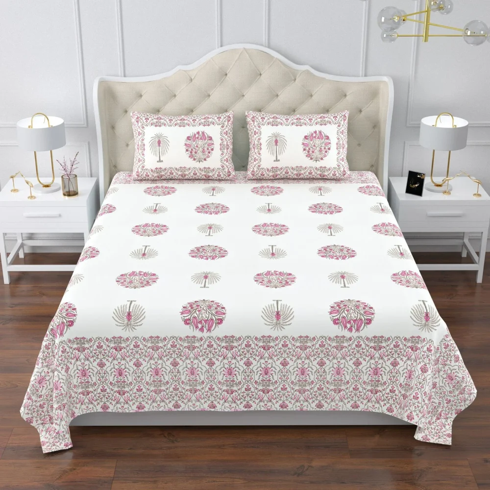 Shriex Jaipuri Super King Cotton Bedsheet 108x108 Inch - Pink Medallion Floral Print - Textiles & Apparel by Shriex Enterprises
