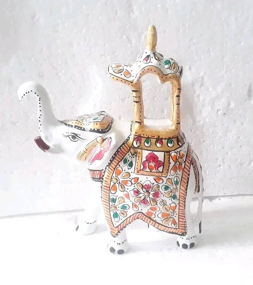White Metal Hand-Painted Elephant Statue for Interior Decor - Home & Kitchen by Lav Craft