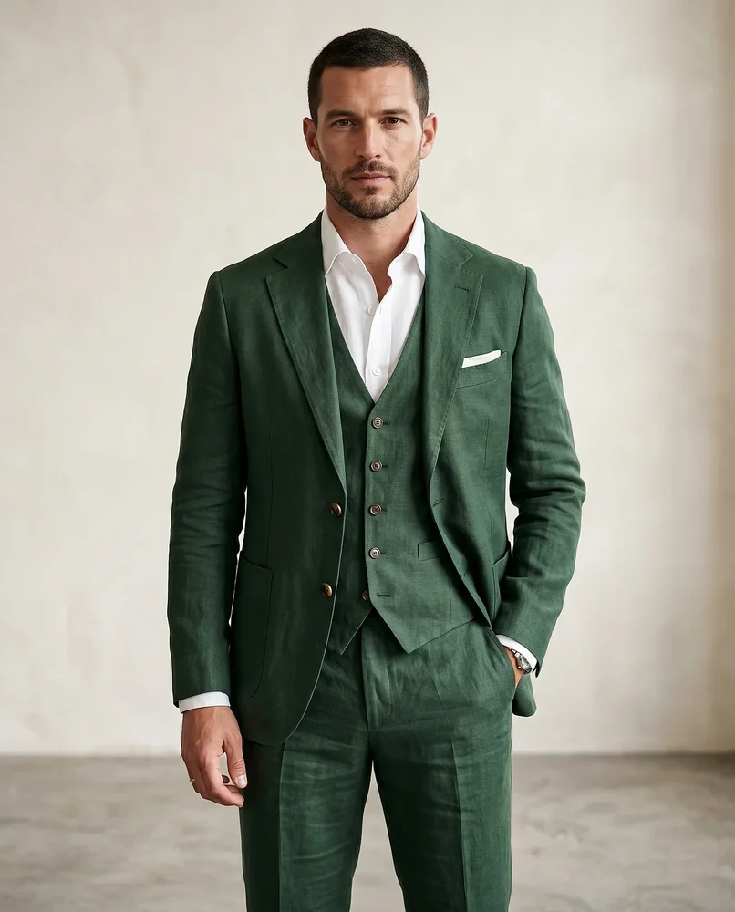 Emerald Green Slim Fit Linen Three-Piece Suit - Textiles & Apparel by G M Apparels