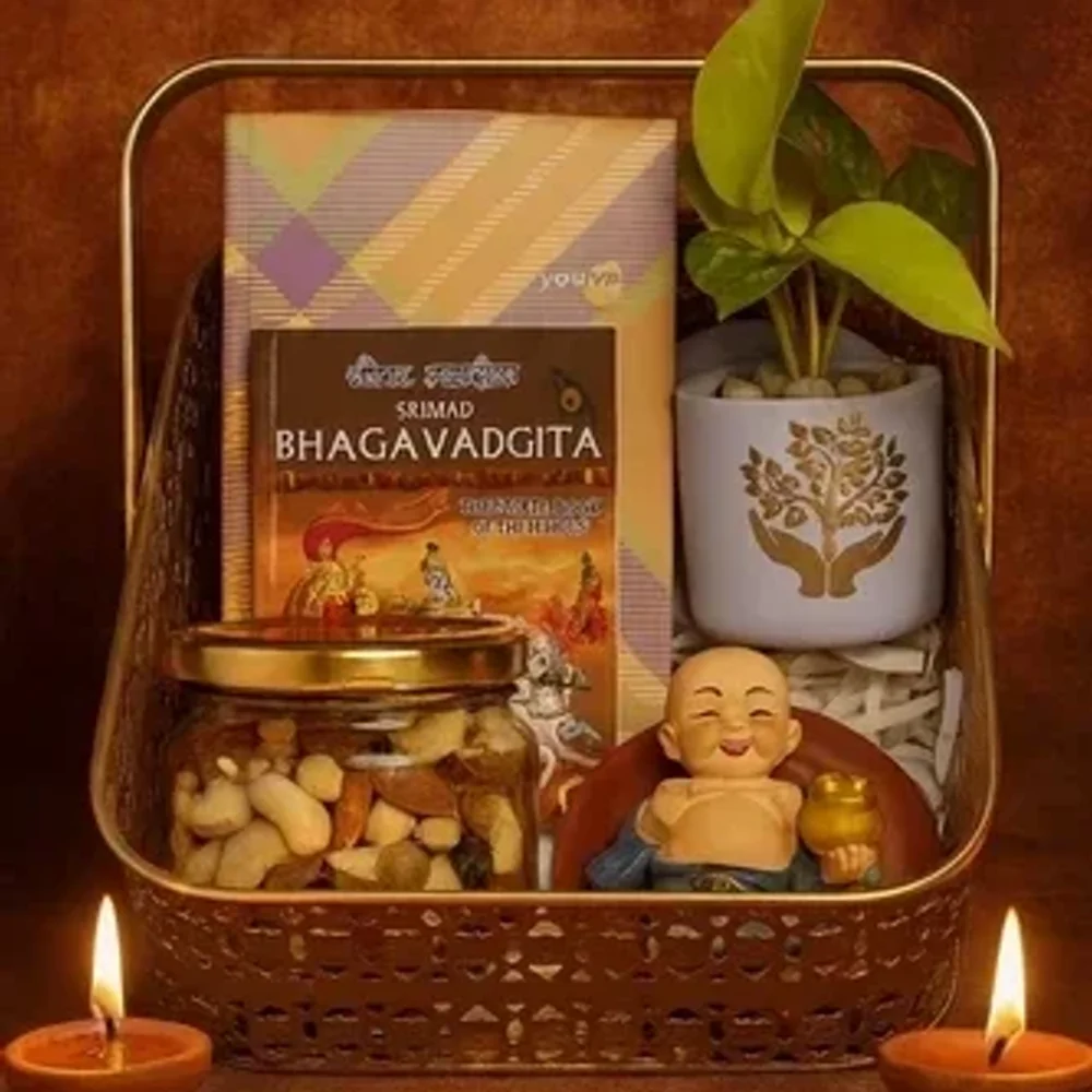 Festive Metal Basket Hamper with Dry Fruits and Plant - Handicrafts & Gifts by Cerra and Terra Home Decor