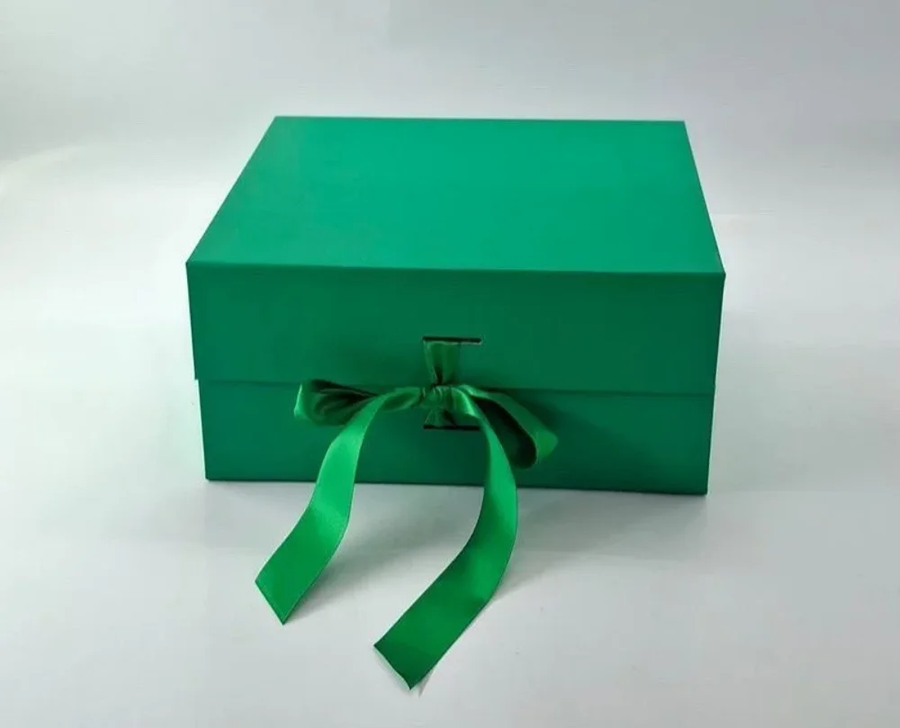 8x8x4 inch Collapsible Cardboard Packaging Box with Magnetic Ribbon Closure - Packaging & Printing by Hindustan Handmade Paper Products