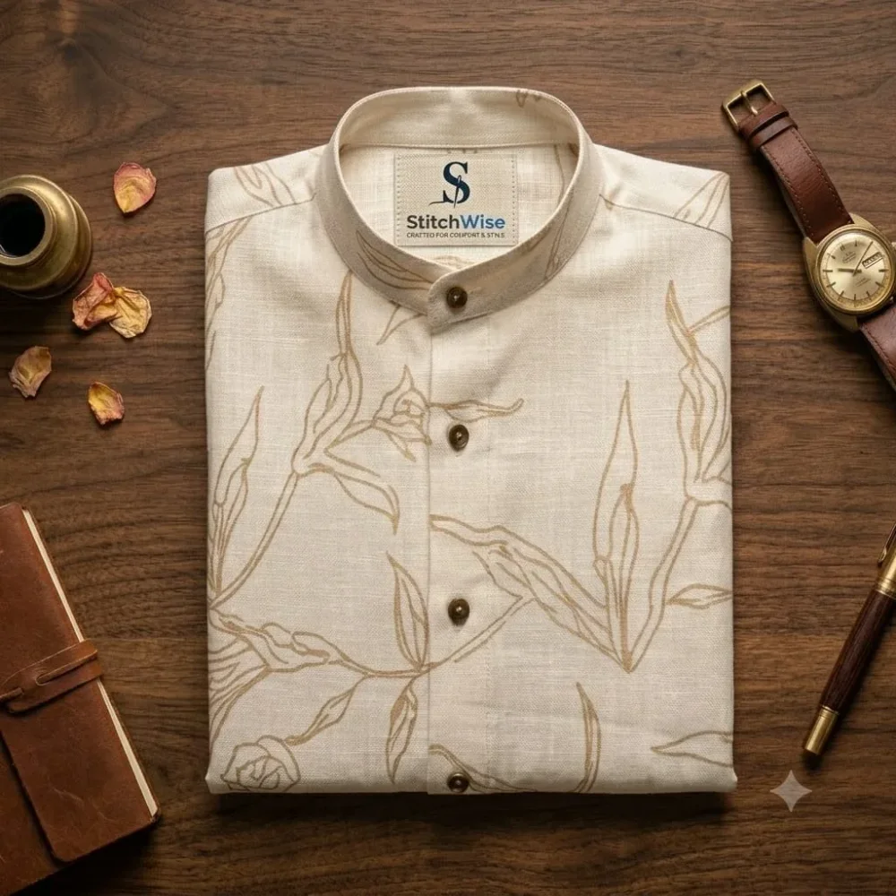 Men's Cream Beige Tropical Print Casual Shirt - Textiles & Apparel by Paloma Casual