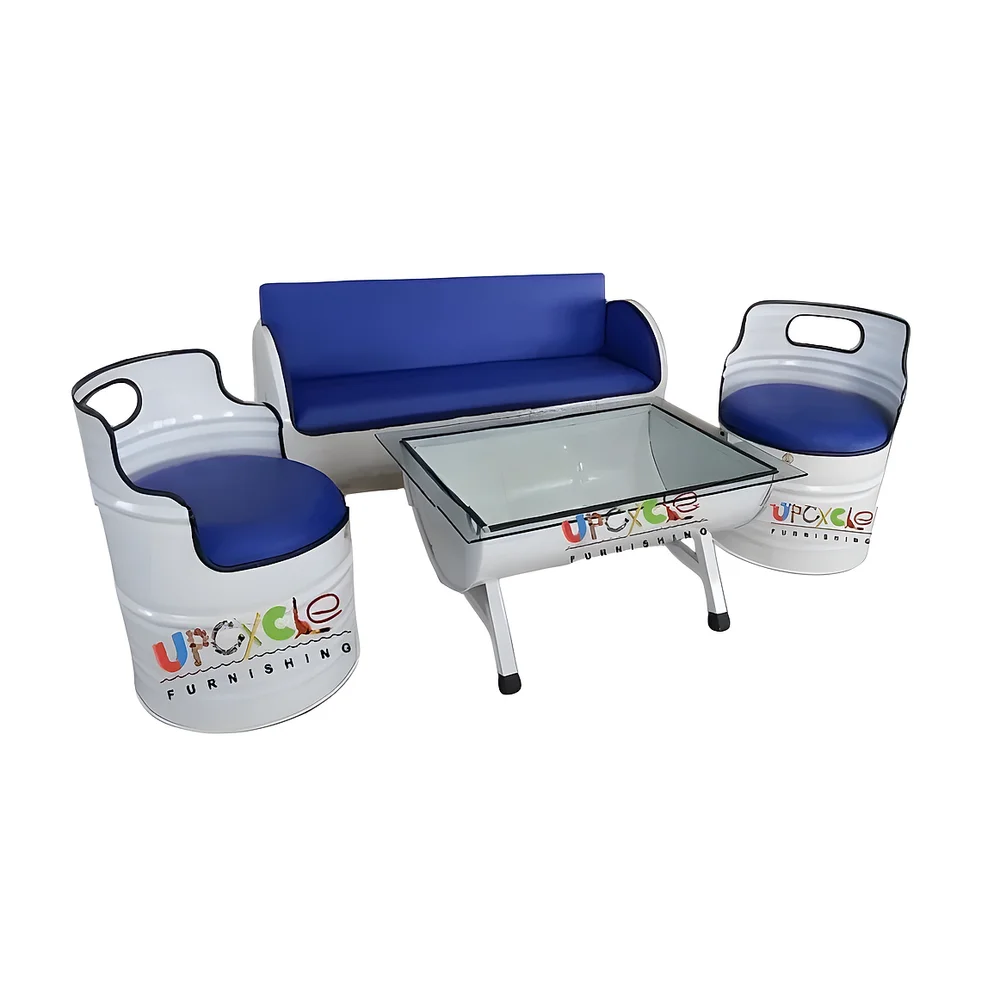 5 Seater Barrel Sofa Set with Glass Top Table - Furniture & Interiors by Upcycle Furnishing India
