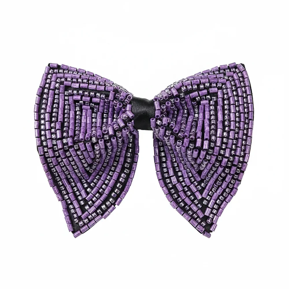 Purple Crystal & Metallic Bugle Bow Tie with Adjustable Strap - Textiles & Apparel by G M Apparels