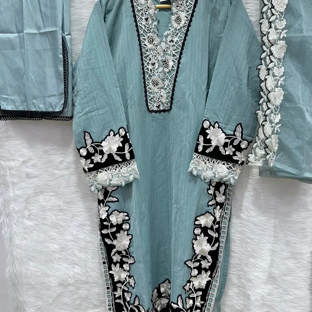 Embroidered Cotton Net Organza Silk Kameez Dupatta Trouser Set - Textiles & Apparel by Ayzel Pvt. Ltd.