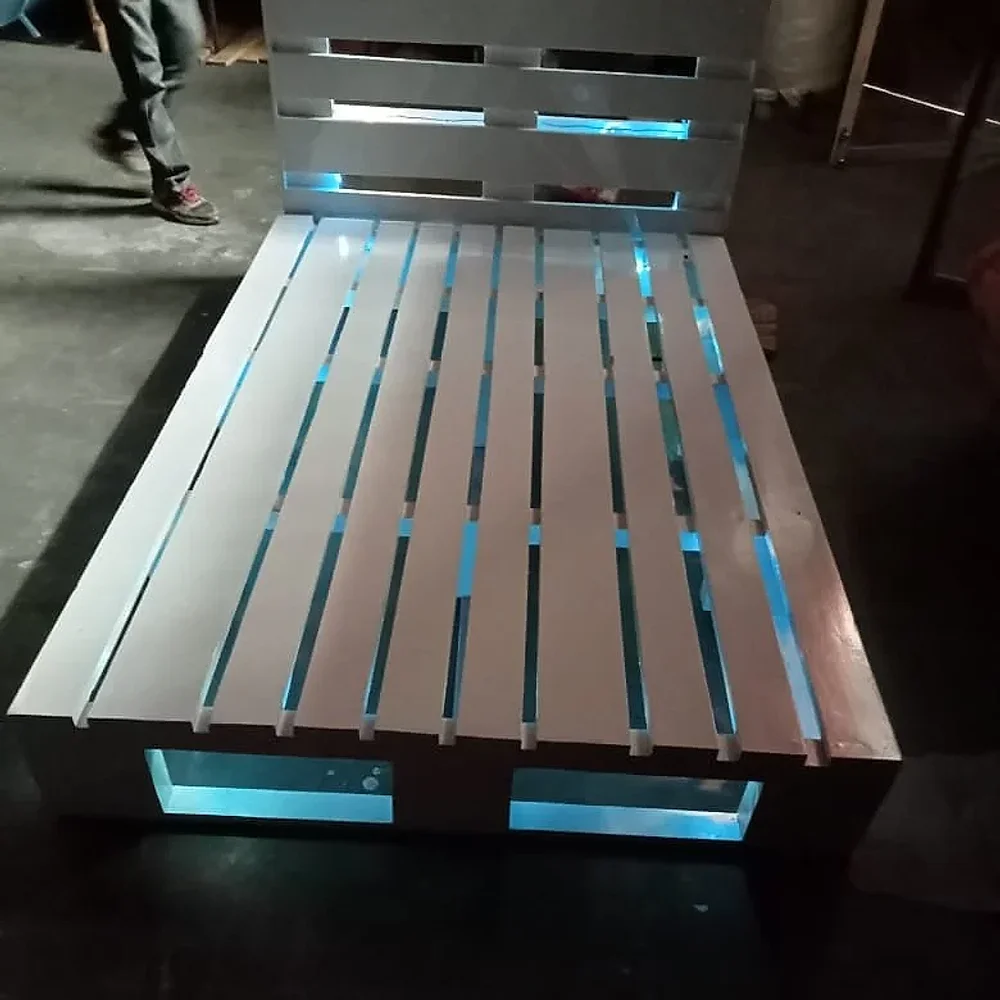 Repurposed Wood Pallet Bed Frame with LED Light - Furniture & Interiors by Upcycle Furnishing India