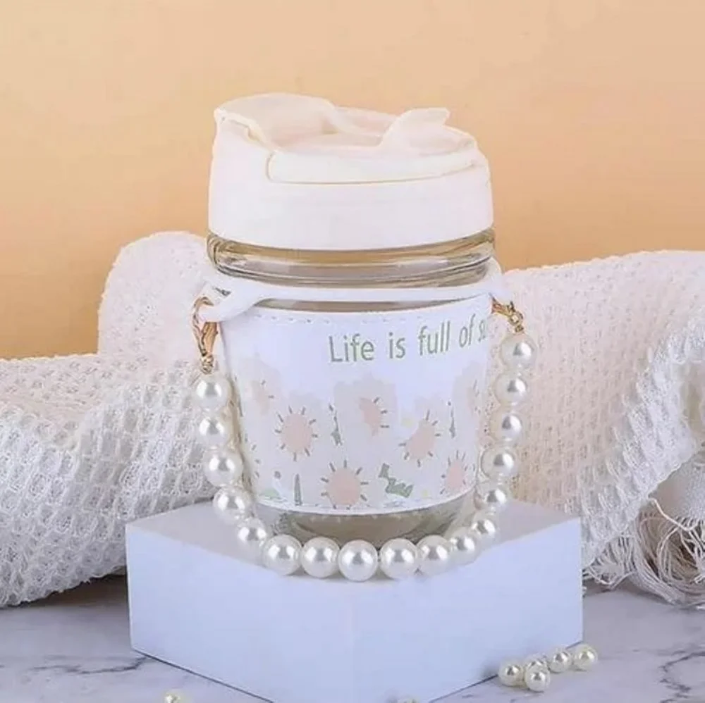 Glass Sipper Mug with Pearl Chain Handle - Home & Kitchen by Y K Trading