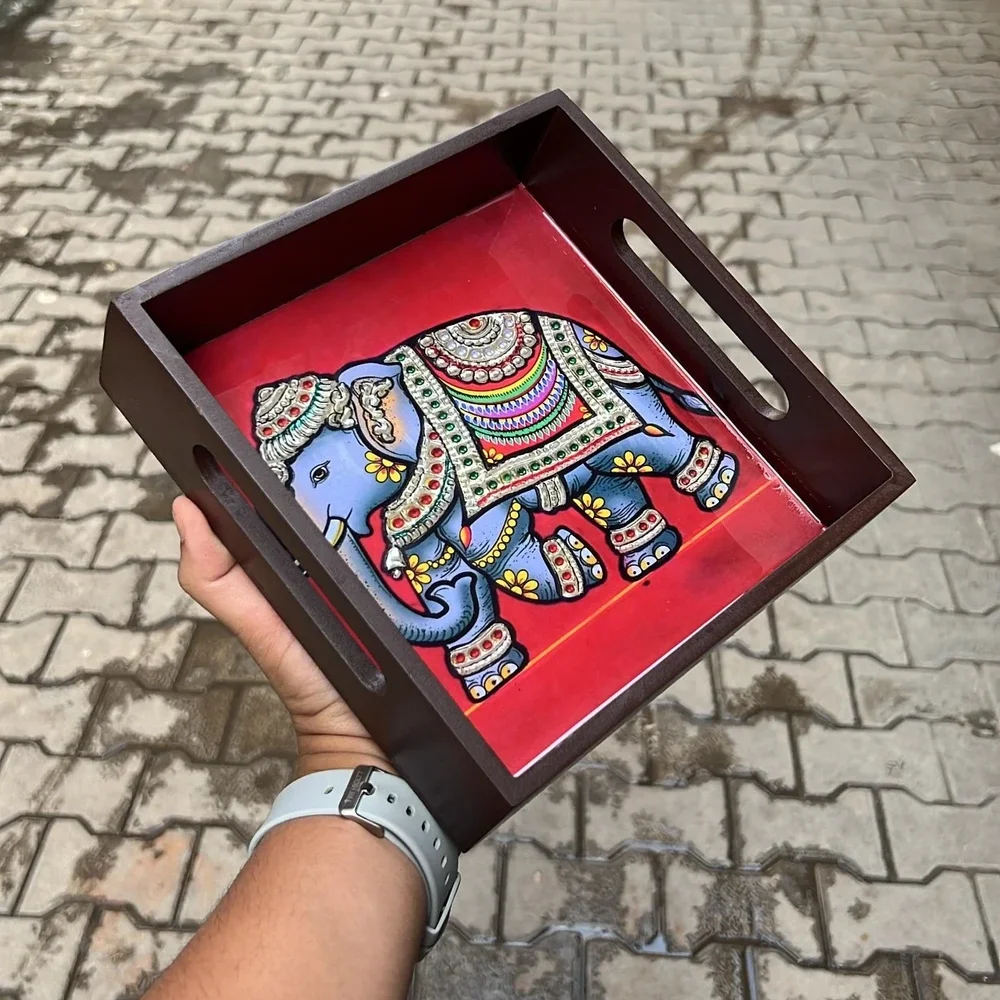 Polished Wood Trays with Kolam Design - Home & Kitchen by Aykya Boutique