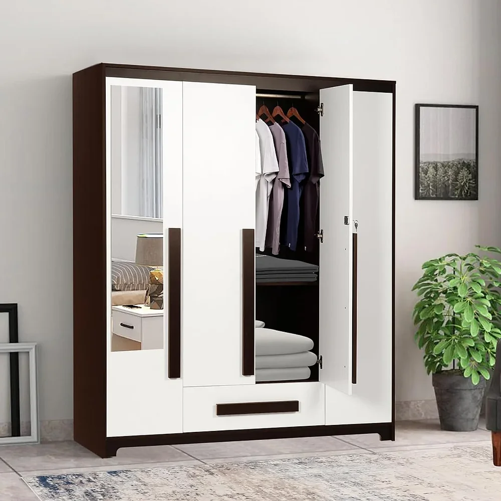 4 Door Engineered Wood Wardrobe with Mirror, White - Furniture & Interiors by Upcycle Furnishing India