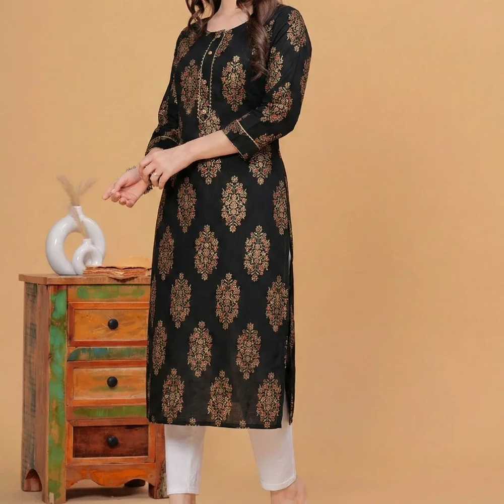 Rayon Straight Printed Kurti with Lace Embellishment - Textiles & Apparel by Ushaa Creation