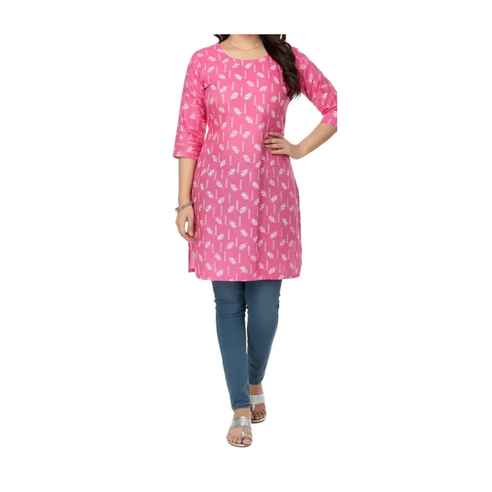 Women's Cotton Leaf Print Tunic Top with Three-Quarter Sleeves - Textiles & Apparel by Effortless Fashions