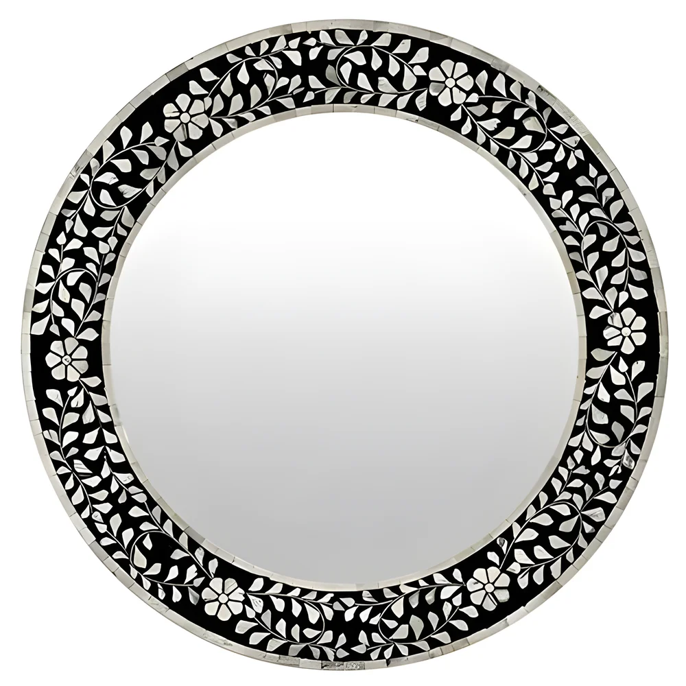 Black and White Floral Bone Inlay Round Mirror - Furniture & Interiors by Razvi Exports