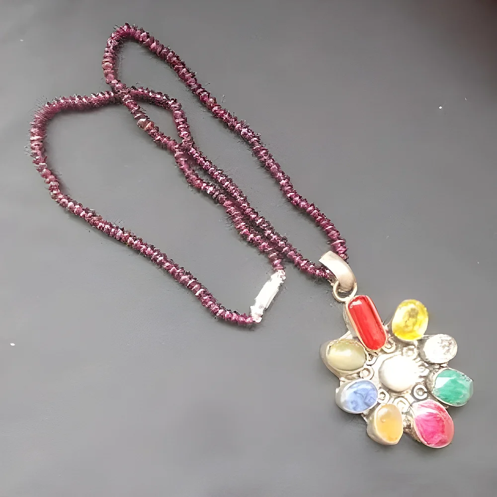 Navratan German Silver Garnet Pendant Necklace - Gems & Jewelry by Jaya Jems Impex