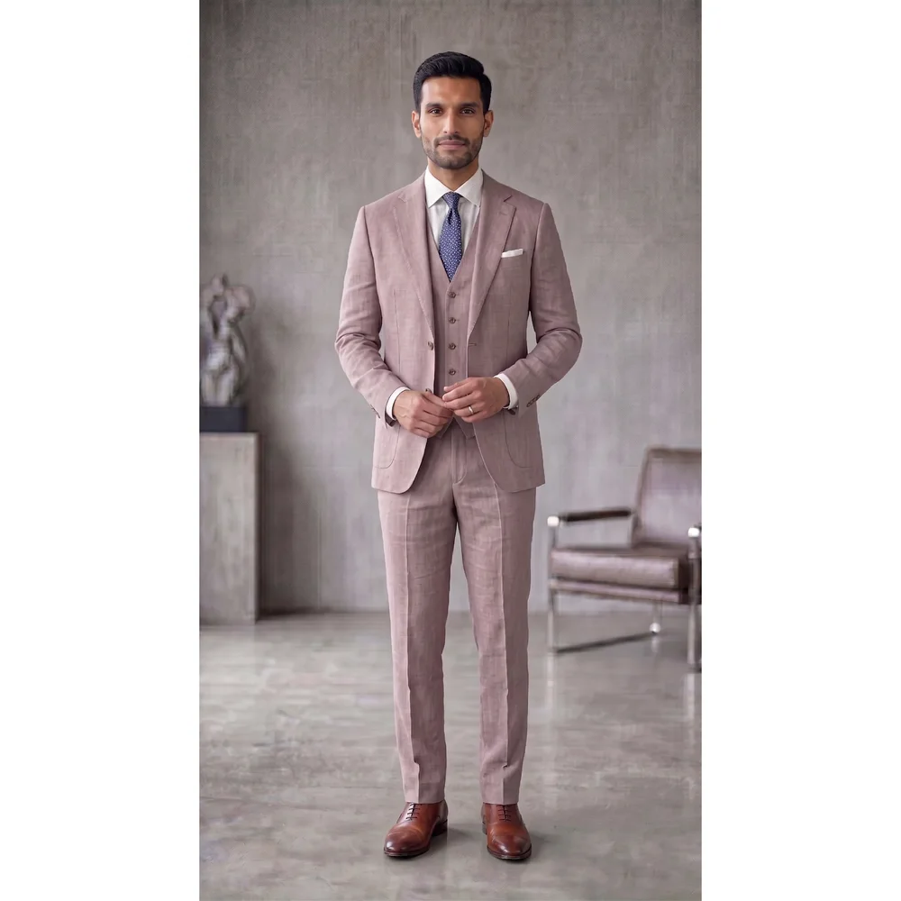 Men's Three-Piece Dusty Rose Linen Suit, Textured - Textiles & Apparel by G M Apparels