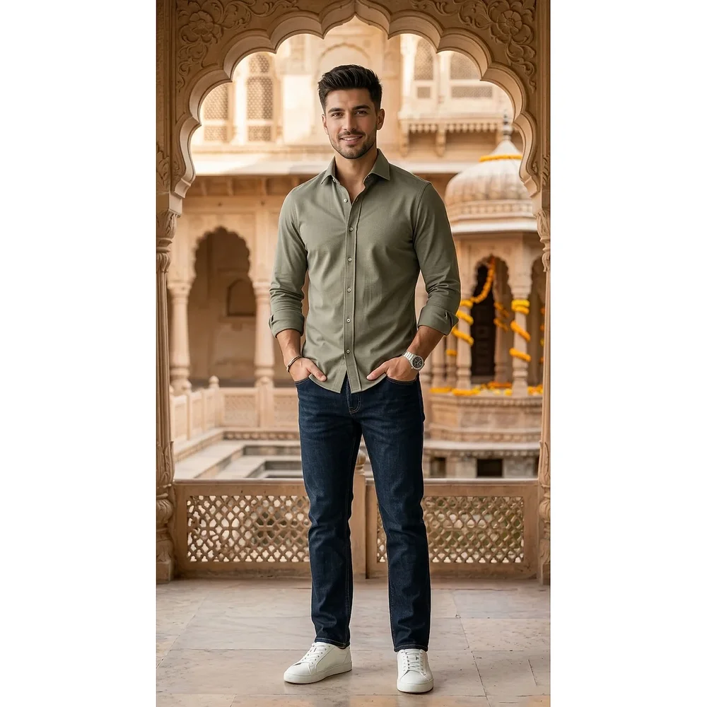Men's Sage Green Slim Fit Blended Fabric Casual Shirt - Textiles & Apparel by G M Apparels