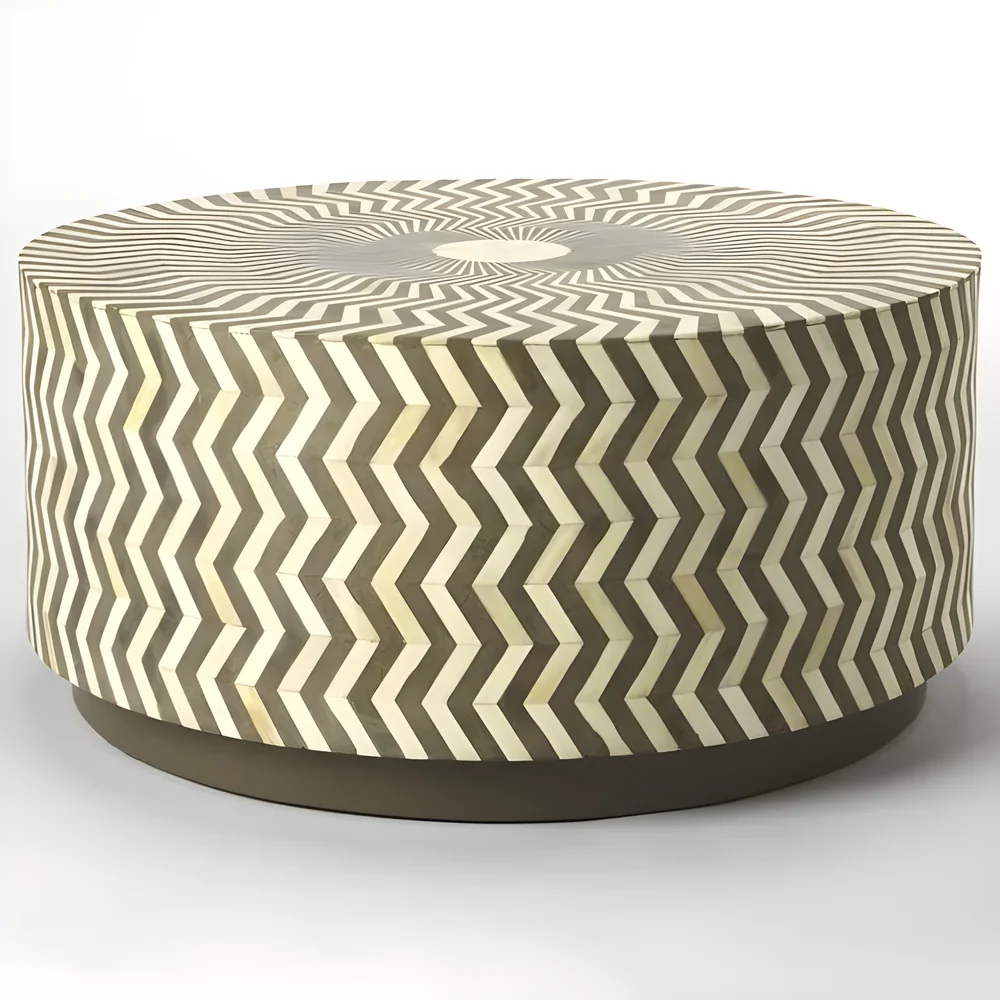 Bone Inlay Round Coffee Table with Zig Zag Design - Furniture & Interiors by Razvi Exports