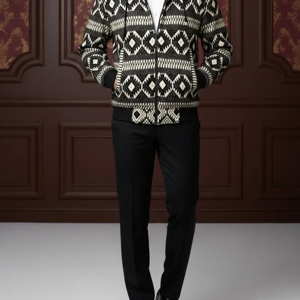 Geometric Jacquard Knit Hoodie - Textiles & Apparel by G M Apparels