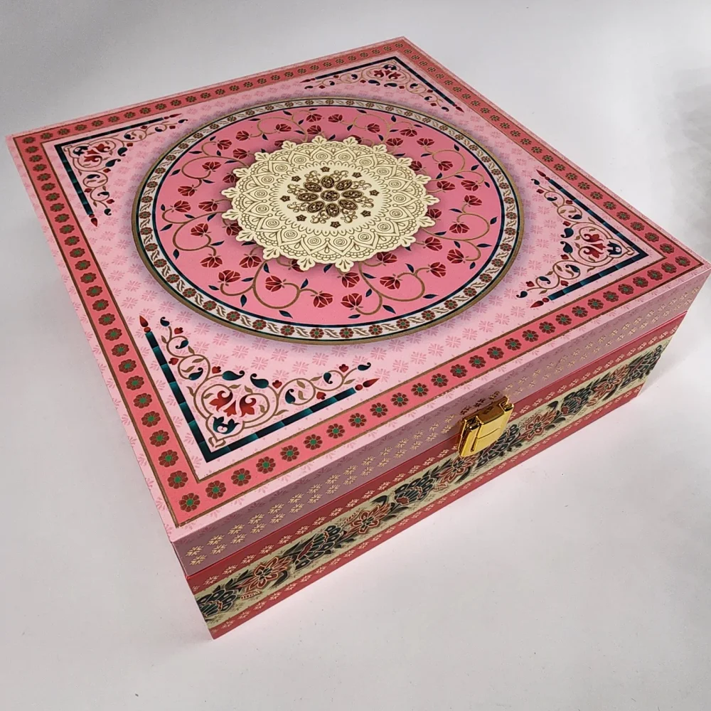 Pink Mandala 4 Compartment MDF Dry Fruit Box - Packaging & Printing by Hindustan Handmade Paper Products