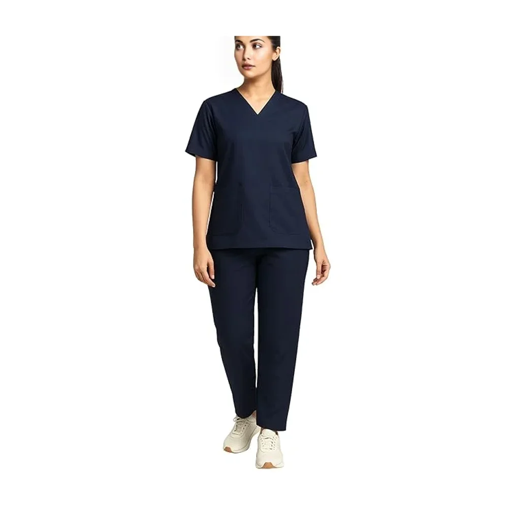 Kifzi Antimicrobial Spandex Women's Scrub Suit, 4 Pockets, Navy Blue, XL - Textiles & Apparel by Accurate Surgicals