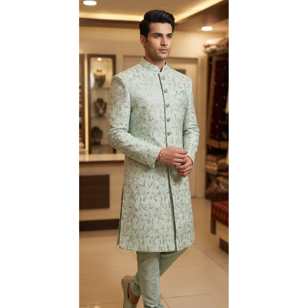 Pastel Mint Jacquard Embroidered Men's Sherwani - Textiles & Apparel by G M Apparels