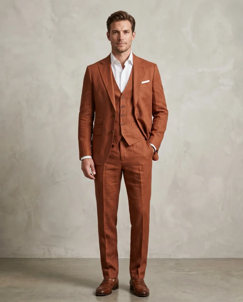 Terracotta Slim Fit Three-Piece Blended Linen Suit - Textiles & Apparel by G M Apparels