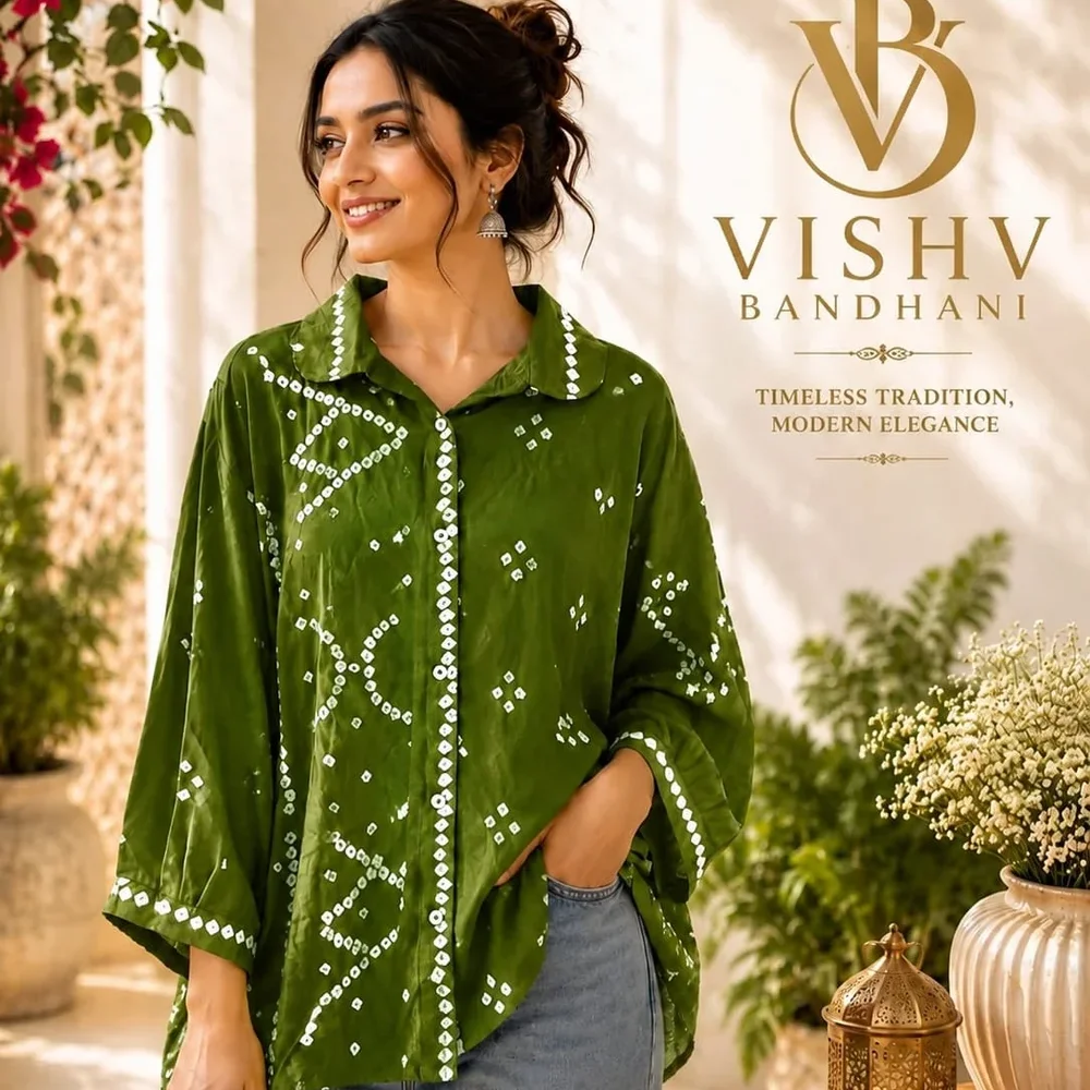 Handmade Bandhej Olive Green Shirts - Textiles & Apparel by Vishv Bandhani
