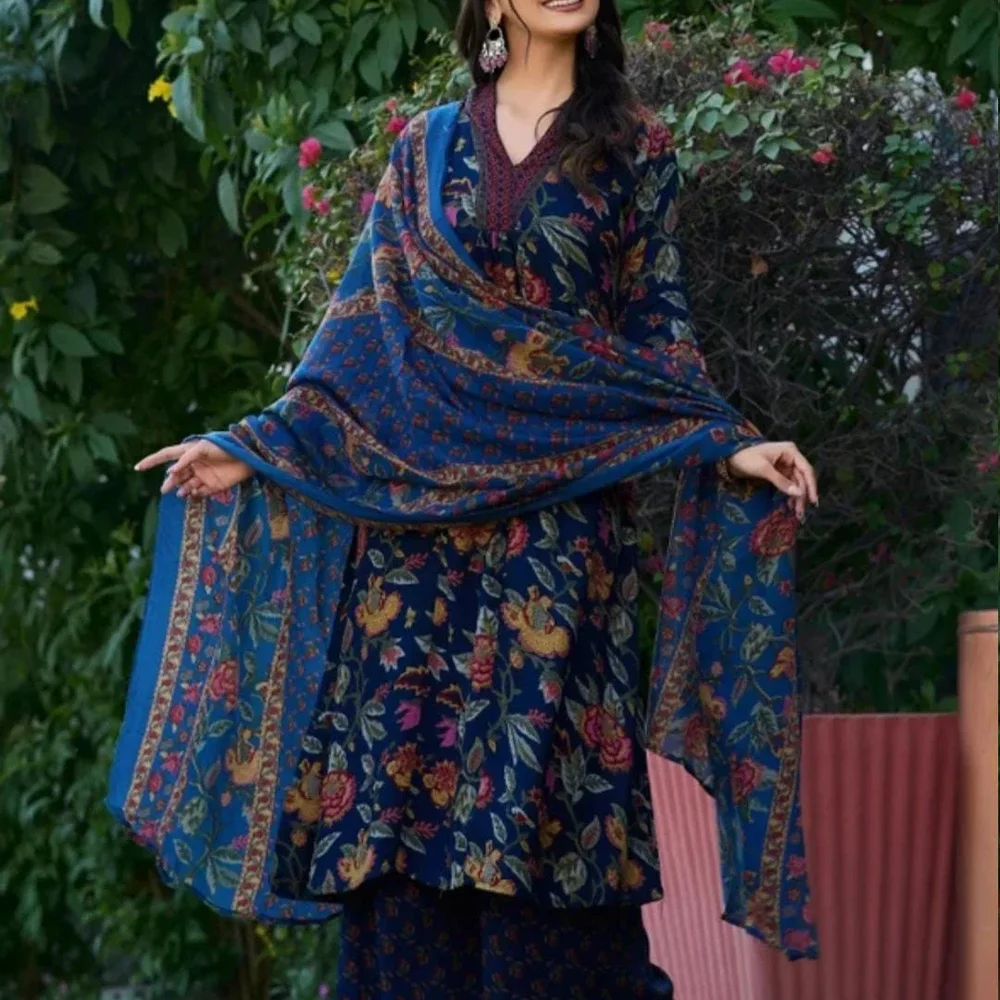 Navy Blue Printed Kurta Palazzo Suit Set - Textiles & Apparel by Manza Lifestyle LLP