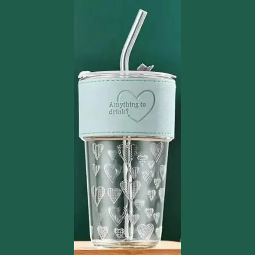 Borosilicate Glass Sipper Mug with Glass Straw, 400 ml - Home & Kitchen by Y K Trading