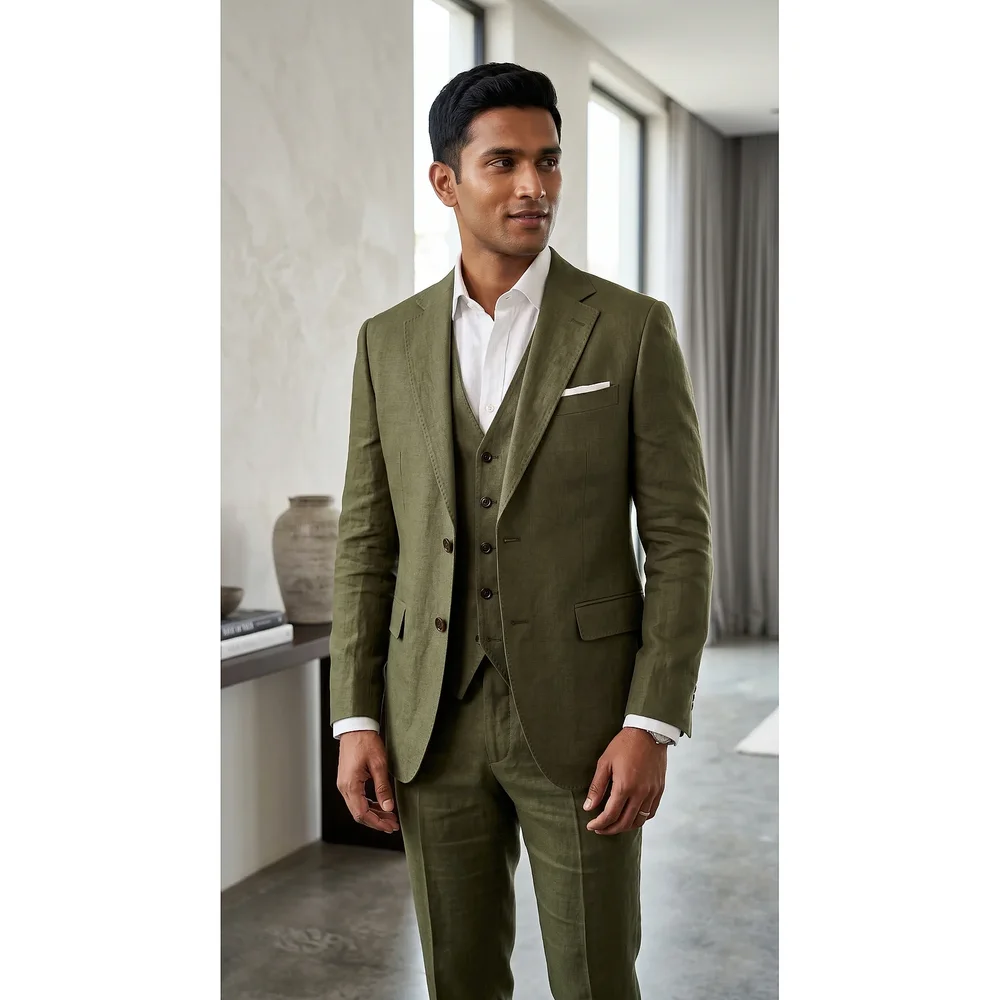 Olive Green Linen Three-Piece Suit - Textiles & Apparel by G M Apparels