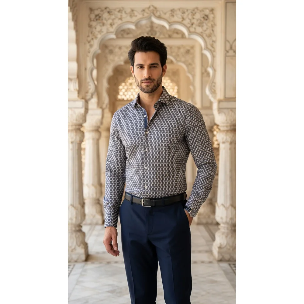 Men's Slim-Fit Cotton Poplin Geometric Shirt - Textiles & Apparel by G M Apparels