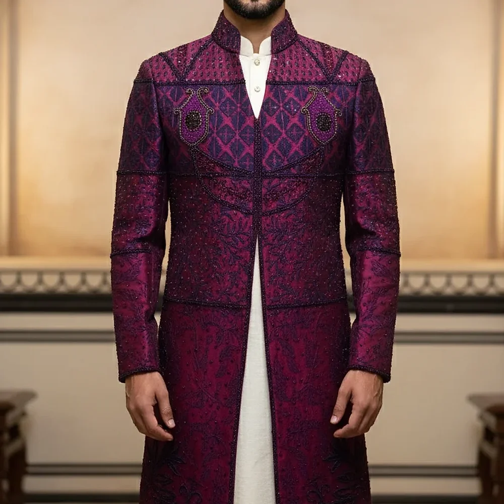 Men's Wine Embroidered Sherwani with Mandarin Collar - Textiles & Apparel by G M Apparels