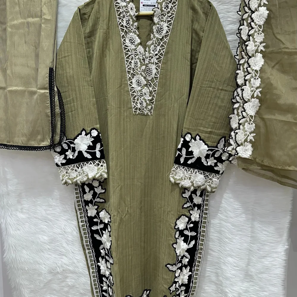 Embroidered Cotton Net Organza Silk Kameez Dupatta Trouser Set - Textiles & Apparel by Ayzel Pvt. Ltd.