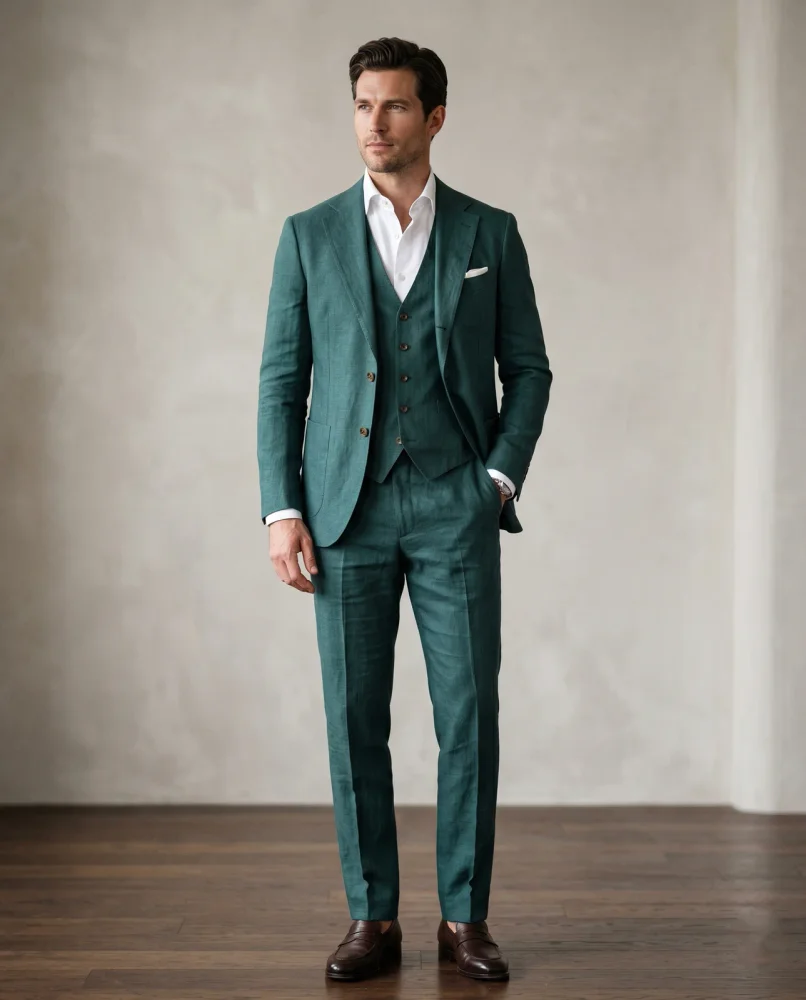 Teal Green Slim Fit Linen Three-Piece Suit - Textiles & Apparel by G M Apparels