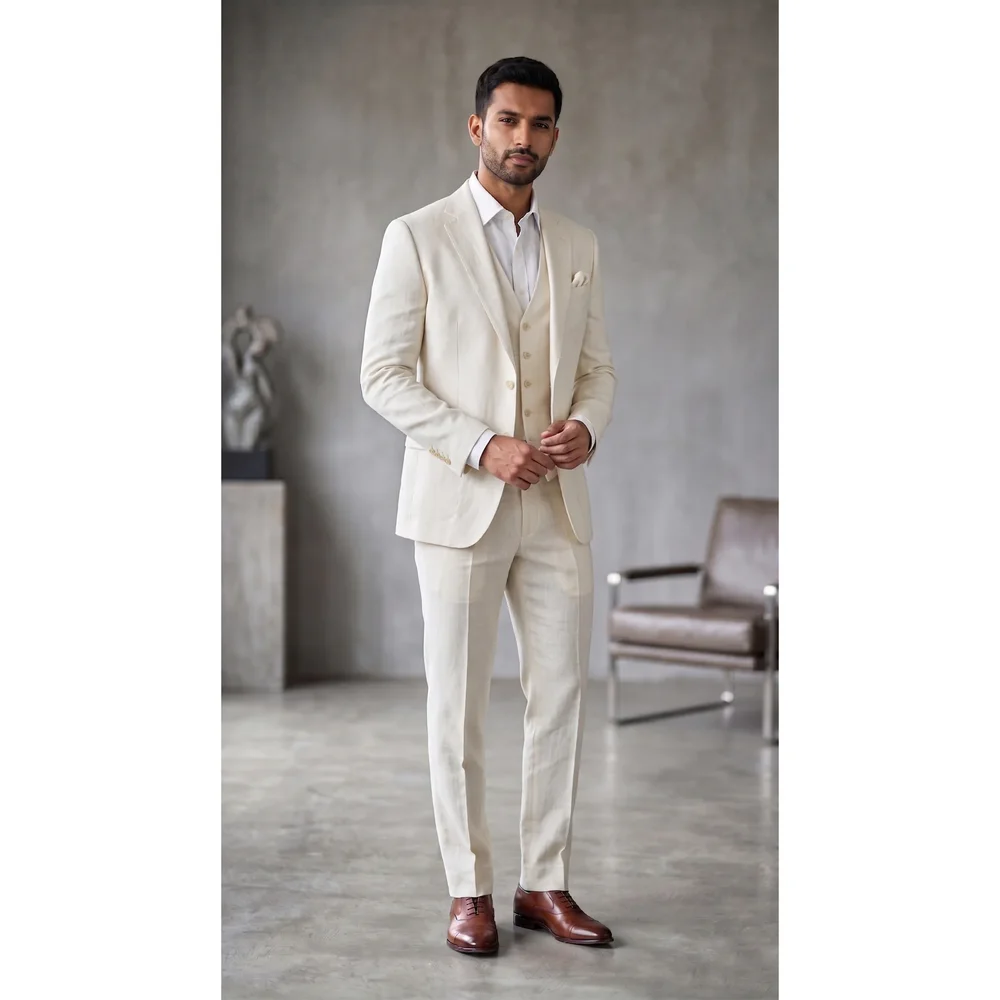 Bright White Slim Fit Three-Piece Blended Linen Suit - Textiles & Apparel by G M Apparels