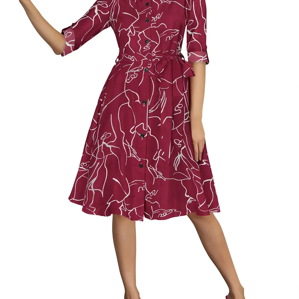 Maroon Printed Collar Neck Women's Dress - Textiles & Apparel by Cara Exim