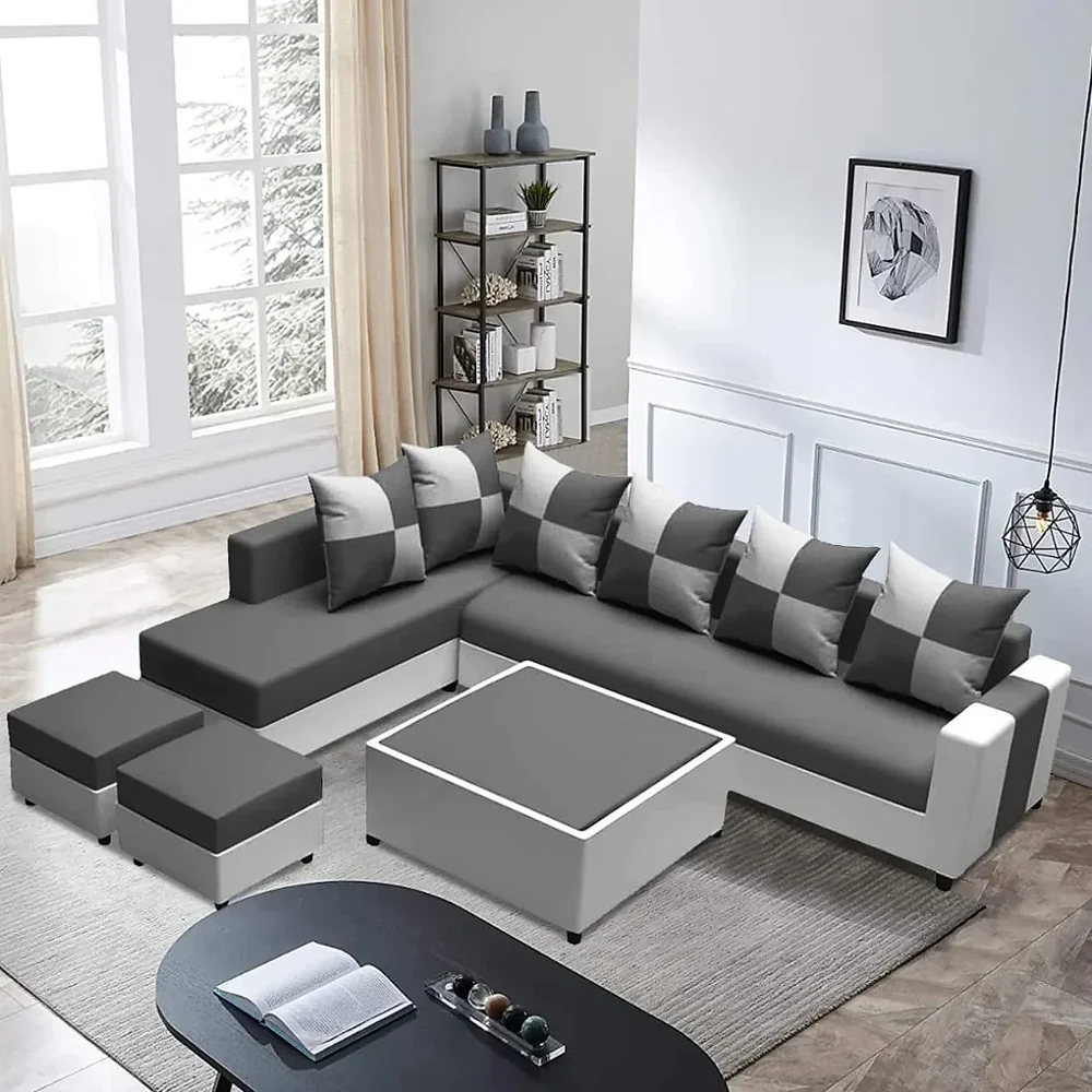8 Seater Fabric L-Shape Sofa Set with Centre Table and Puffy - Furniture & Interiors by Upcycle Furnishing India