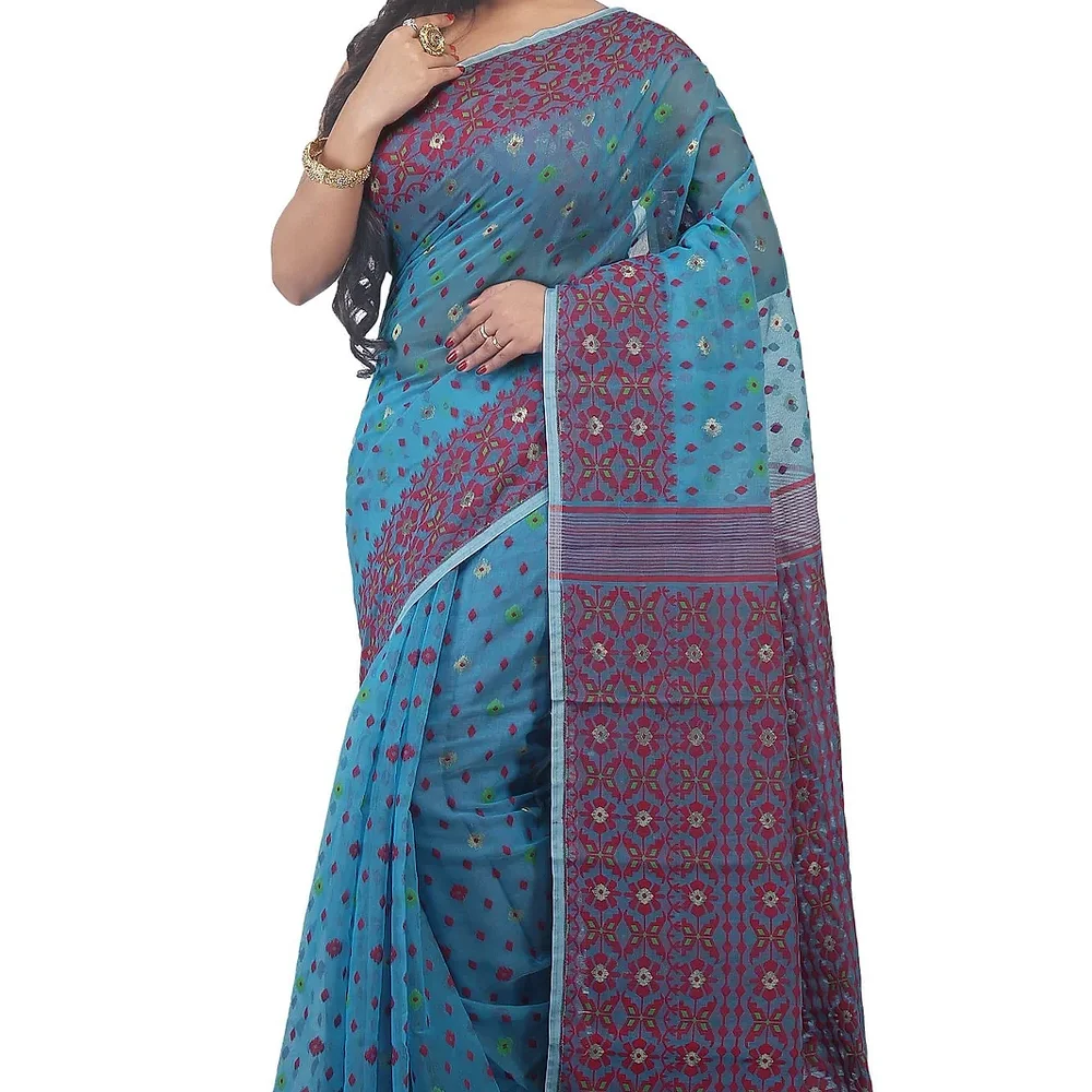 Woodentant Soft Resham Dhakai Jamdani Saree in Multicolor Without Blouse Piece ( Blue & Pink ) - Textiles & Apparel by Nandys 13