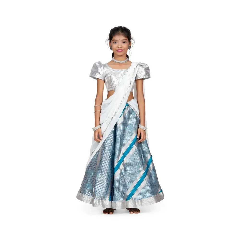 Teenager Girls 3-Piece Silver & Blue Jacquard Laccha Set, Banarasi Brocade Puff Sleeve Blouse With Big Back Neck Dori Latkan, Long Flared Lehenga Skirt With White Georgette Attached Dupatta, Party Wea - Textiles & Apparel by Marvel Creation