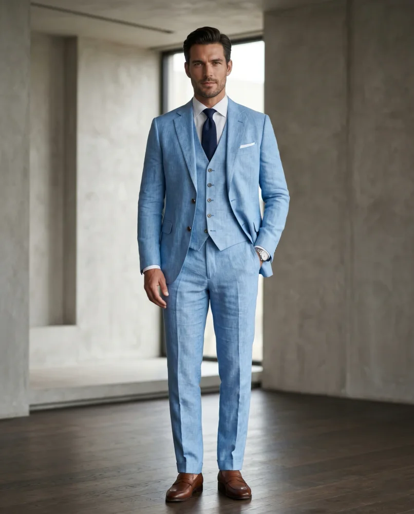 Three-Piece Linen Suit, Slim Fit, Light Blue, Size L - Textiles & Apparel by G M Apparels