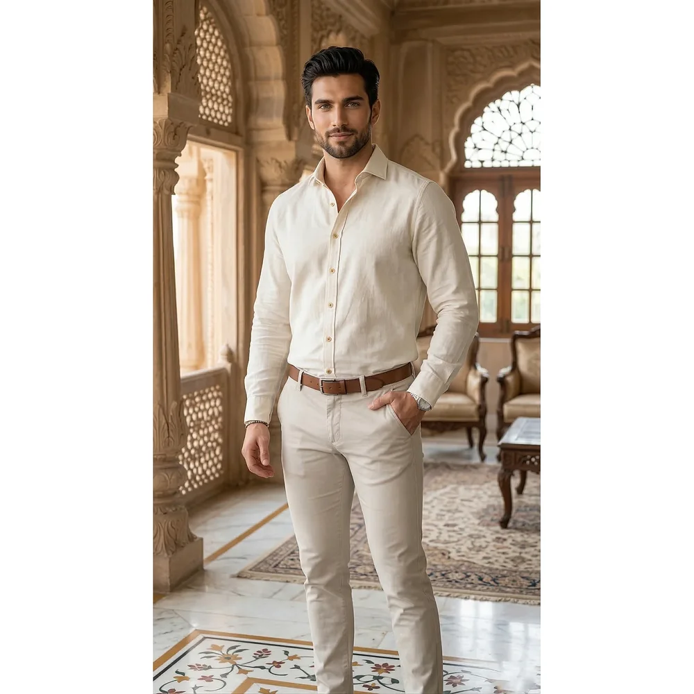 Men's Cream Linen-Cotton Blend Casual Button-Down Shirt - Textiles & Apparel by G M Apparels