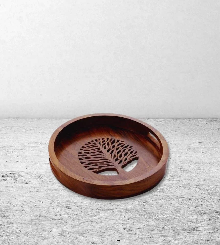 12 Inch Round Acacia Wood Engraved Serving Tray - Home & Kitchen by Razvi Exports