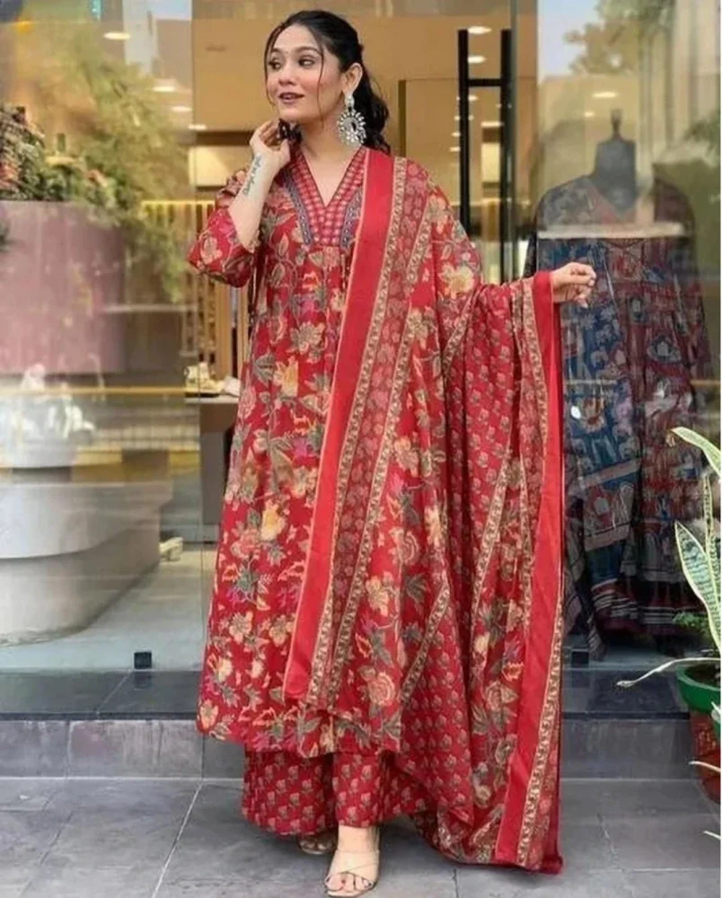 Red Floral Printed Kurta Palazzo Suit Set with Dupatta - Textiles & Apparel by Manza Lifestyle LLP