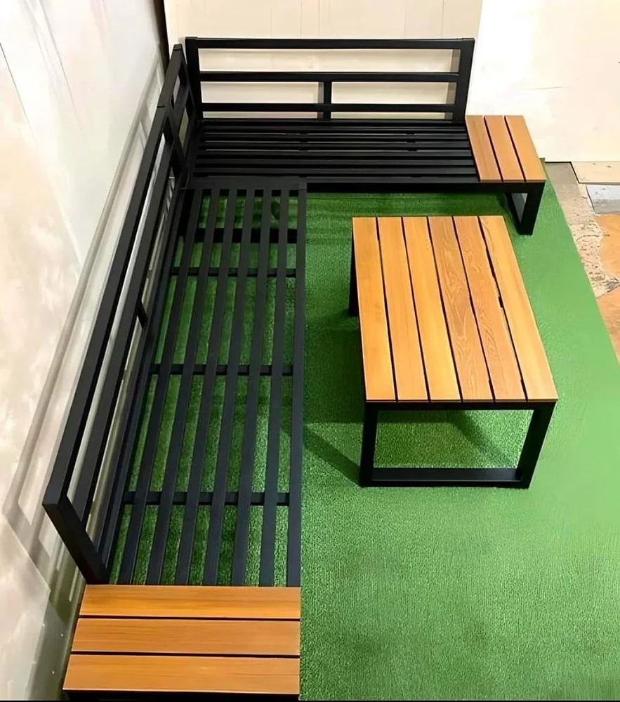 Mild Steel Pallet Wood L Corner Dining Set - Furniture & Interiors by Upcycle Furnishing India