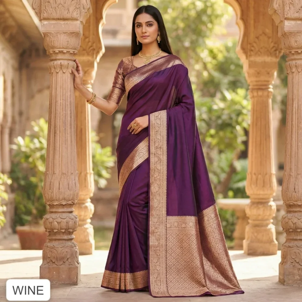 Wine Banarasi Silk Saree with Zari Work - Textiles & Apparel by Premium Collections