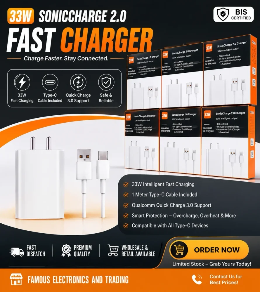 33W Soniccharge 2.0 Fast Charger With Type-C Cable - Electronics & Electrical by Famous Electronics and Trading